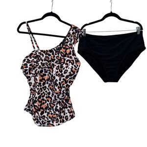 Yonique Tankini XXL 2X Leopard Ruffle One Shoulder Hi Waist Animal Print Modest
